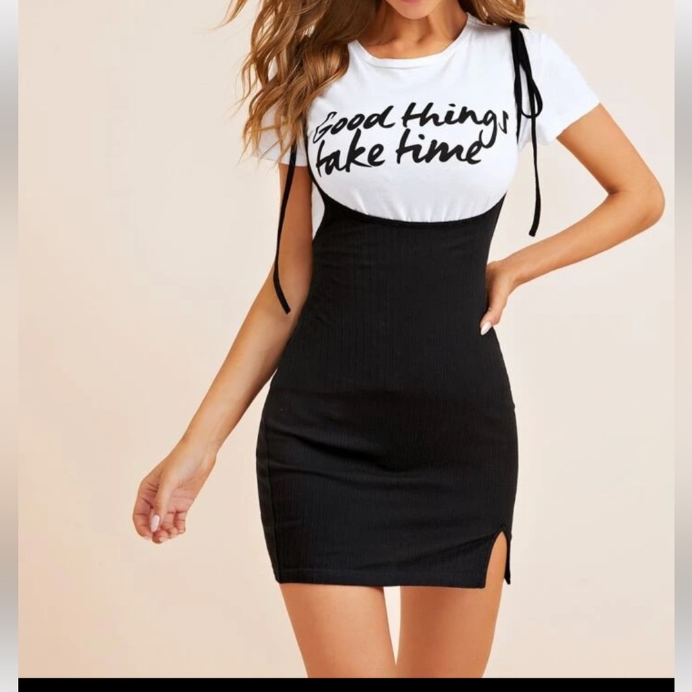 Knot Shoulder Split Hem Suspender skirt